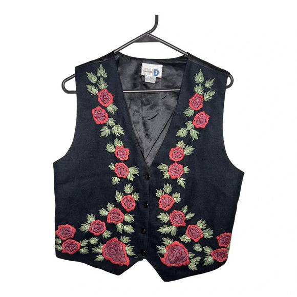Vintage Wool-Blend Needlepoint Embroidered Roses Vest M - Picture 1 of 3